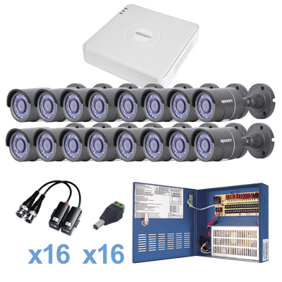 KIT TurboHD 720p / Incluye DVR 16 Ch / 16 cámaras balas (interior - exterior 3.6 mm) / Transceptores / Conectores / Fuente de poder profesional - iontec.mx